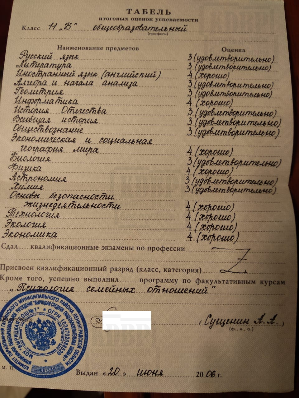 Табель аттестата о среднем (полном) общем образовании МОУ Вырицкая СОШ №1 Гатчинского р-на Ленобласти (2006 г.)